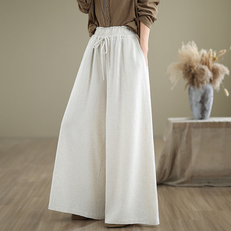 Real shot 2025 summer new cotton and linen loose and simple casual wide-leg pants elastic waist lace-up straight pants women