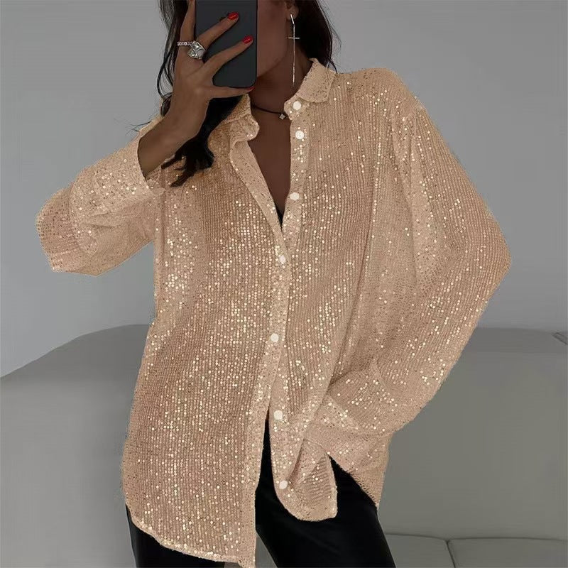 2025 spring and summer Europe and the United States new bead top lapel long-sleeved cardigan basic cross-border women's shirt jacket