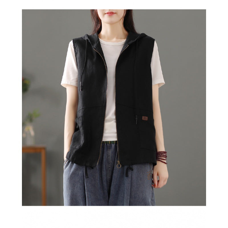 2025 spring new literary and retro loose solid color hooded cardigan vest casual sleeveless vest short coat women