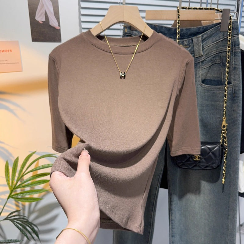 Iron gray half-sleeved T-shirt women's five-quarter-sleeved small stand-up collar medium-sleeved bottoming shirt spring and autumn style with front shoulder and outer top