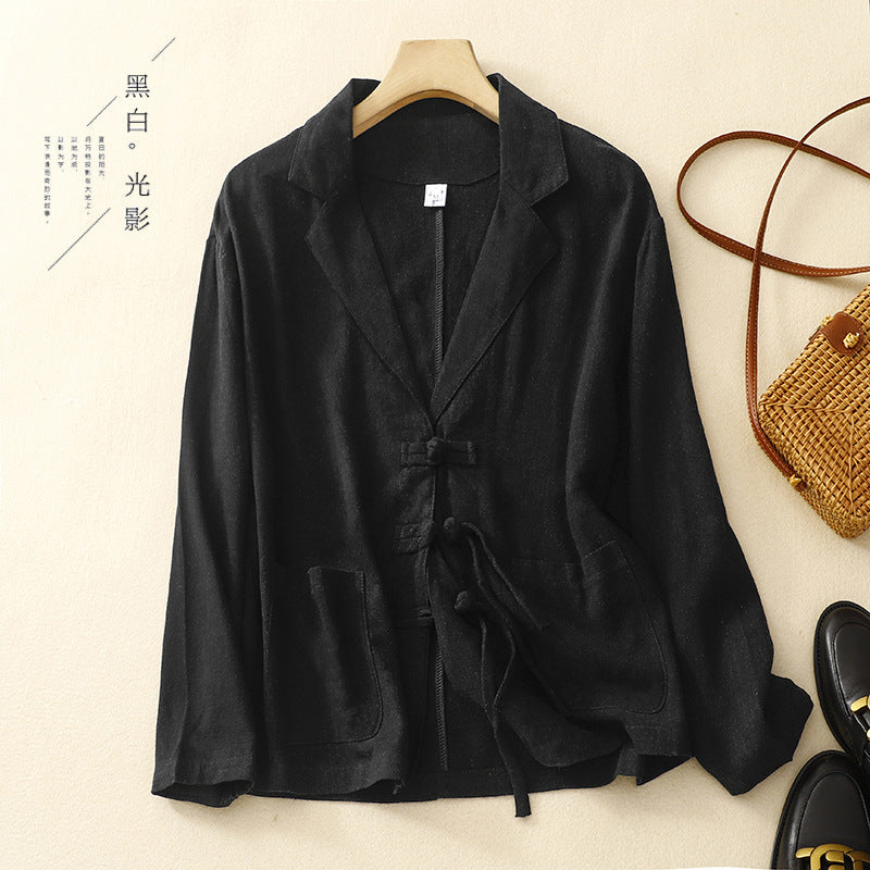 Real shot 2025 spring new literary loose solid color cotton and linen buckle long-sleeved blazer women's top