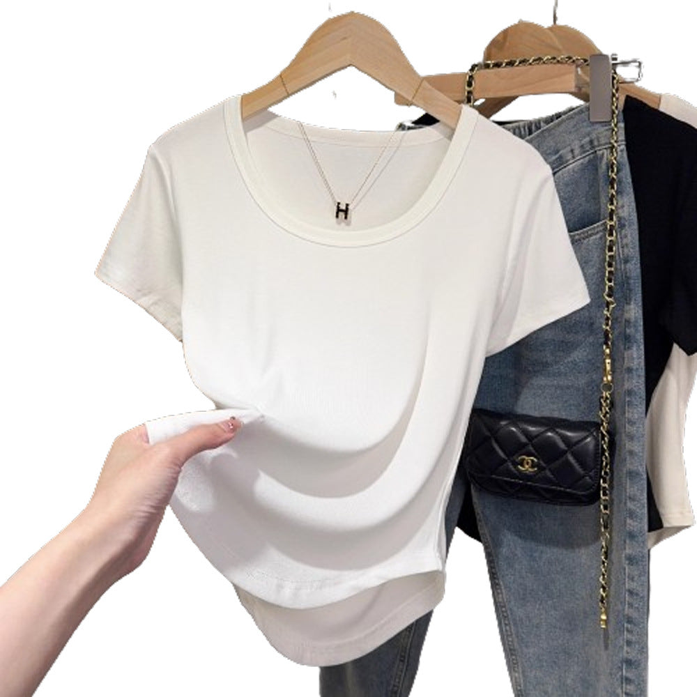 Foreign-style curved hem top women's U-neck threaded bottoming shirt 2025 summer new slim-fitting white short-sleeved T-shirt