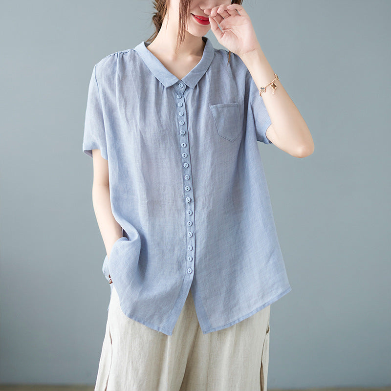 Real shot 2025 summer new literary loose solid color lapel short-sleeved shirt blouse top #8626 #