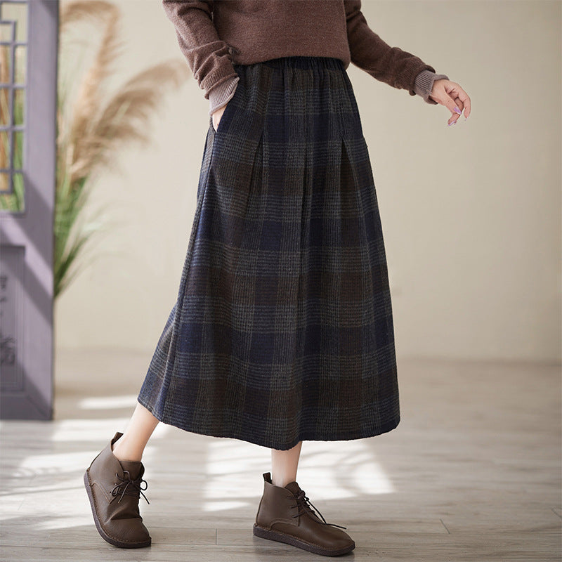 Real shot 2024 autumn new literary loose plaid elastic waist skirt women's medium and long A-shaped skirt #3730