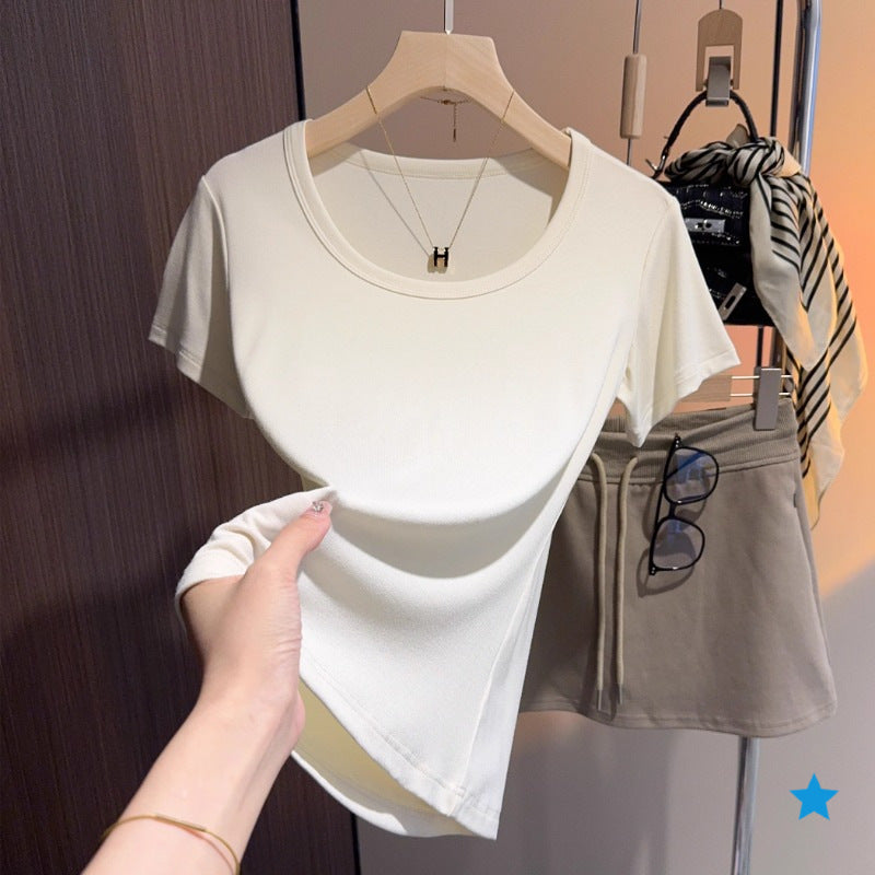 apricot u-neck short-sleeved t-shirt women's summer new Korean version versatile tight shirt with bottoming shirt and slim top