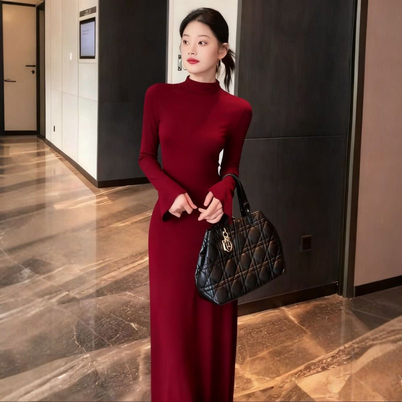 French high-end black long-sleeved dress 2025 autumn and winter new slim-fitting and thin semi-turtleneck bottomed knitted skirt