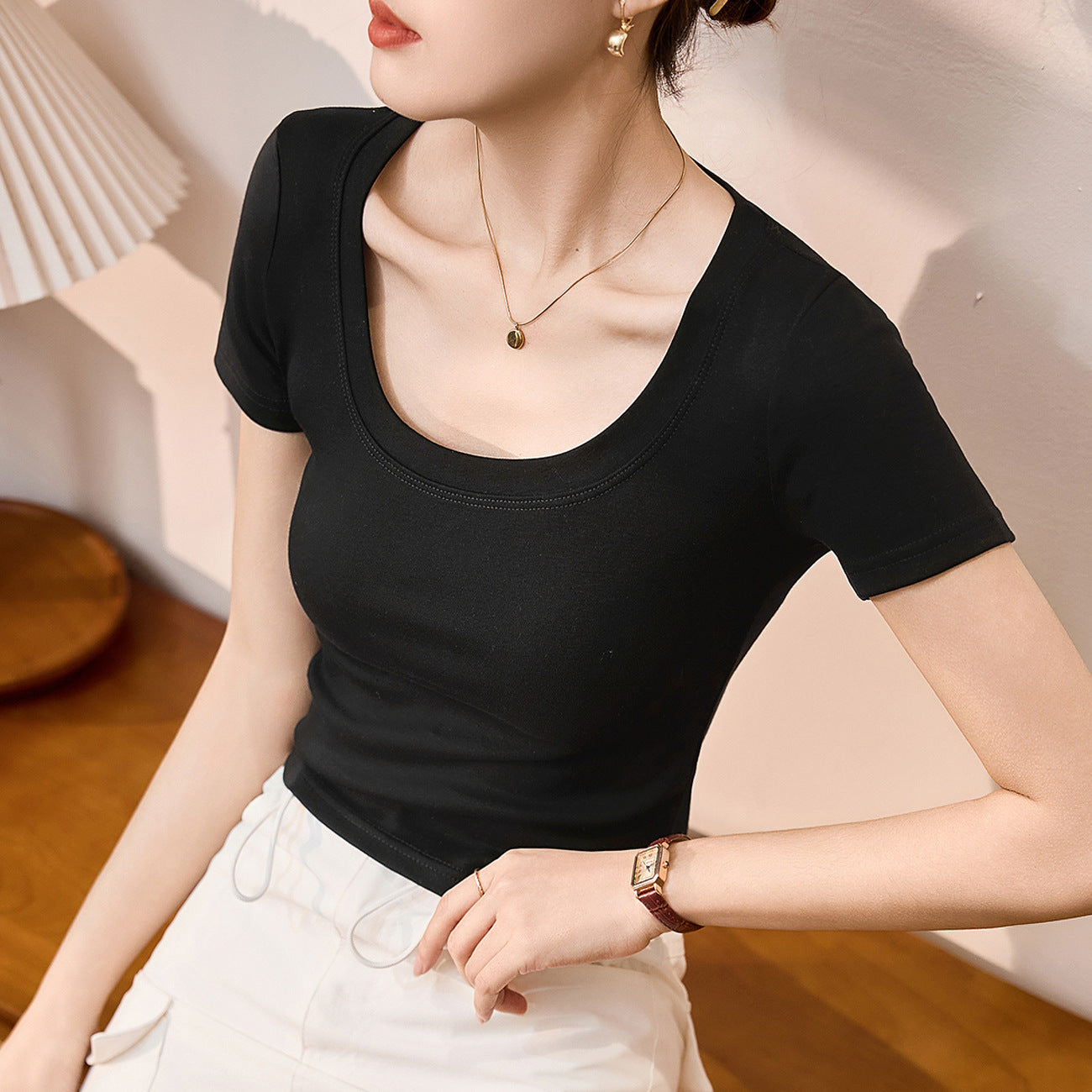 #Combed pure cotton #High waist short T-shirt women's summer 2026 new slim and thin versatile top short-sleeved bottoming shirt