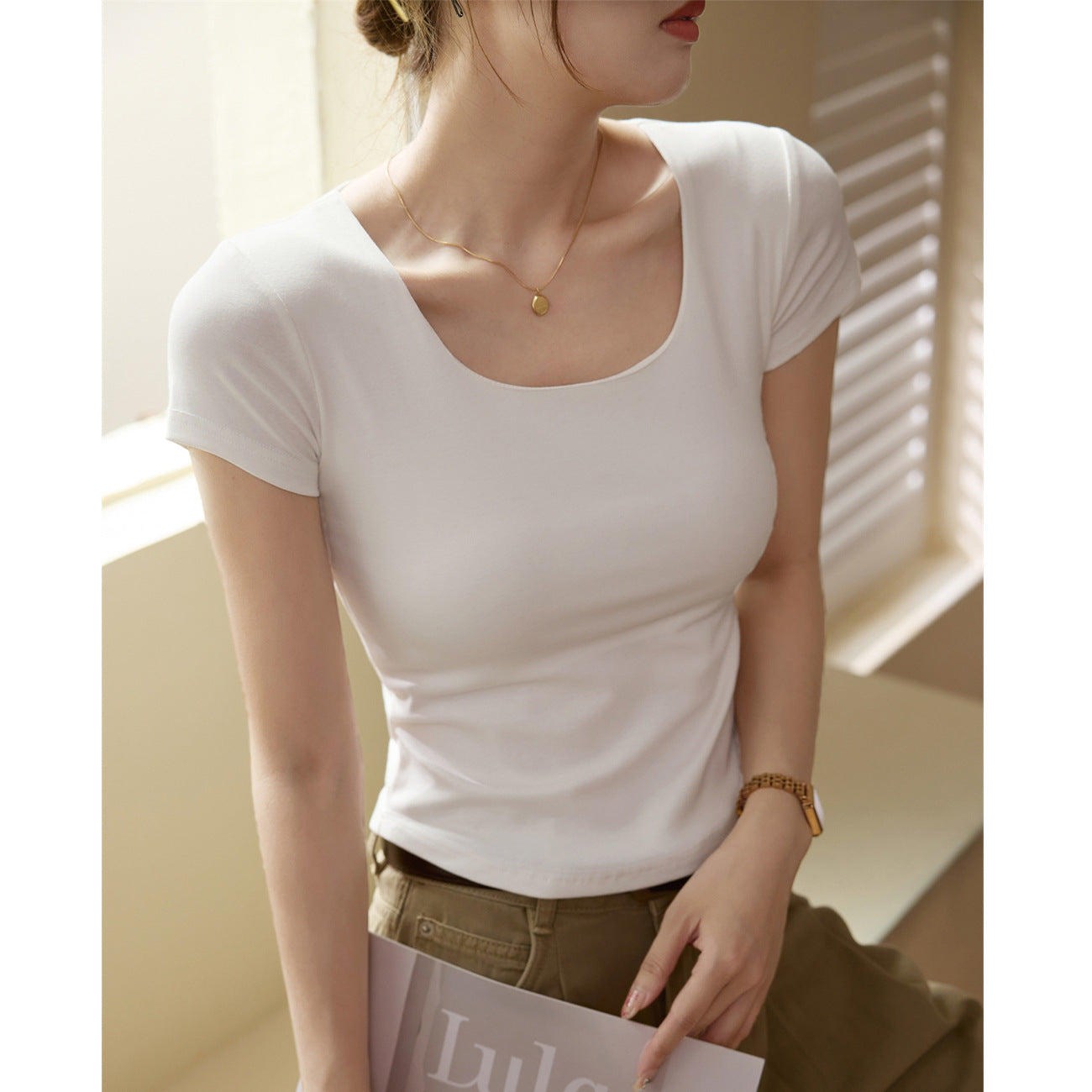 #Quality to make high-quality #Double-layer chest-showing pure cotton T-shirt women's short-sleeved U-neck 2026 summer new curved high-waisted short top