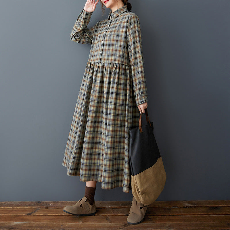 Real shot 2025 spring clothes new women's clothing Korean version loose retro polished plaid thin long-sleeved dress medium and long
