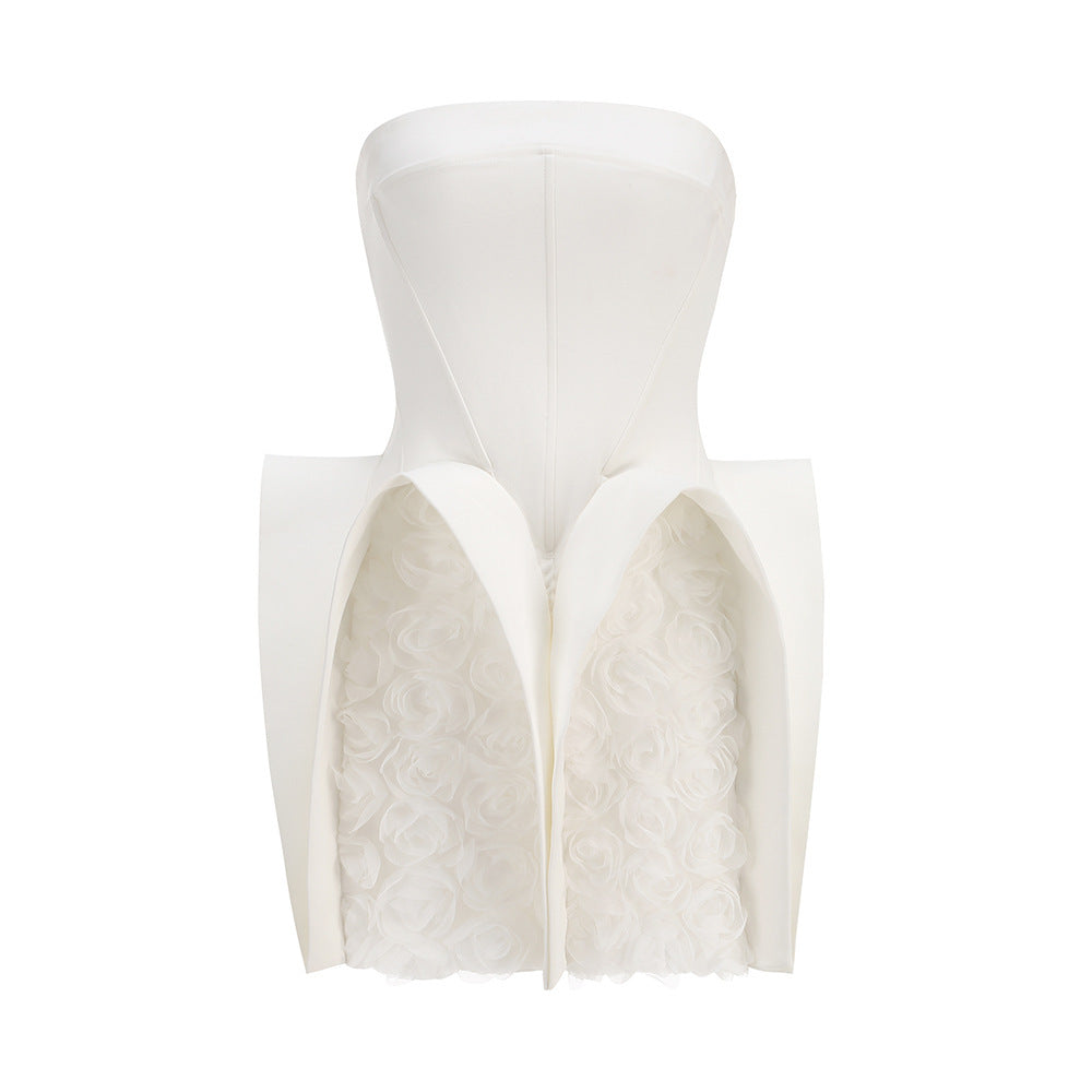 New Amazon sexy white bandeau dress short skirt European and American style women's hem decoration U-shaped flower dress