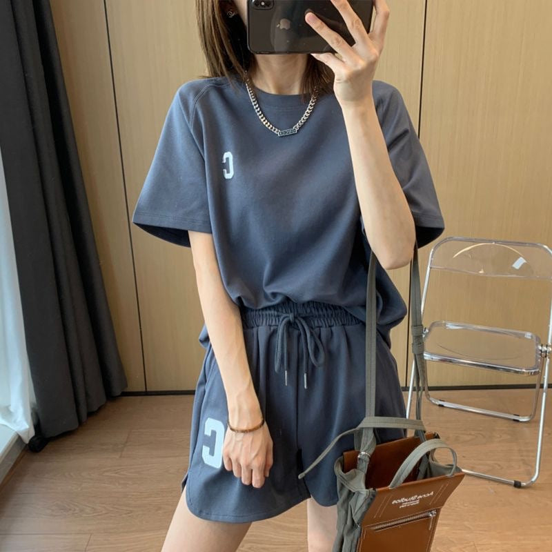Horn sleeves casual sports suit women's clothing summer thin summer clothing running fashion foreign style short-sleeved shorts two-piece set
