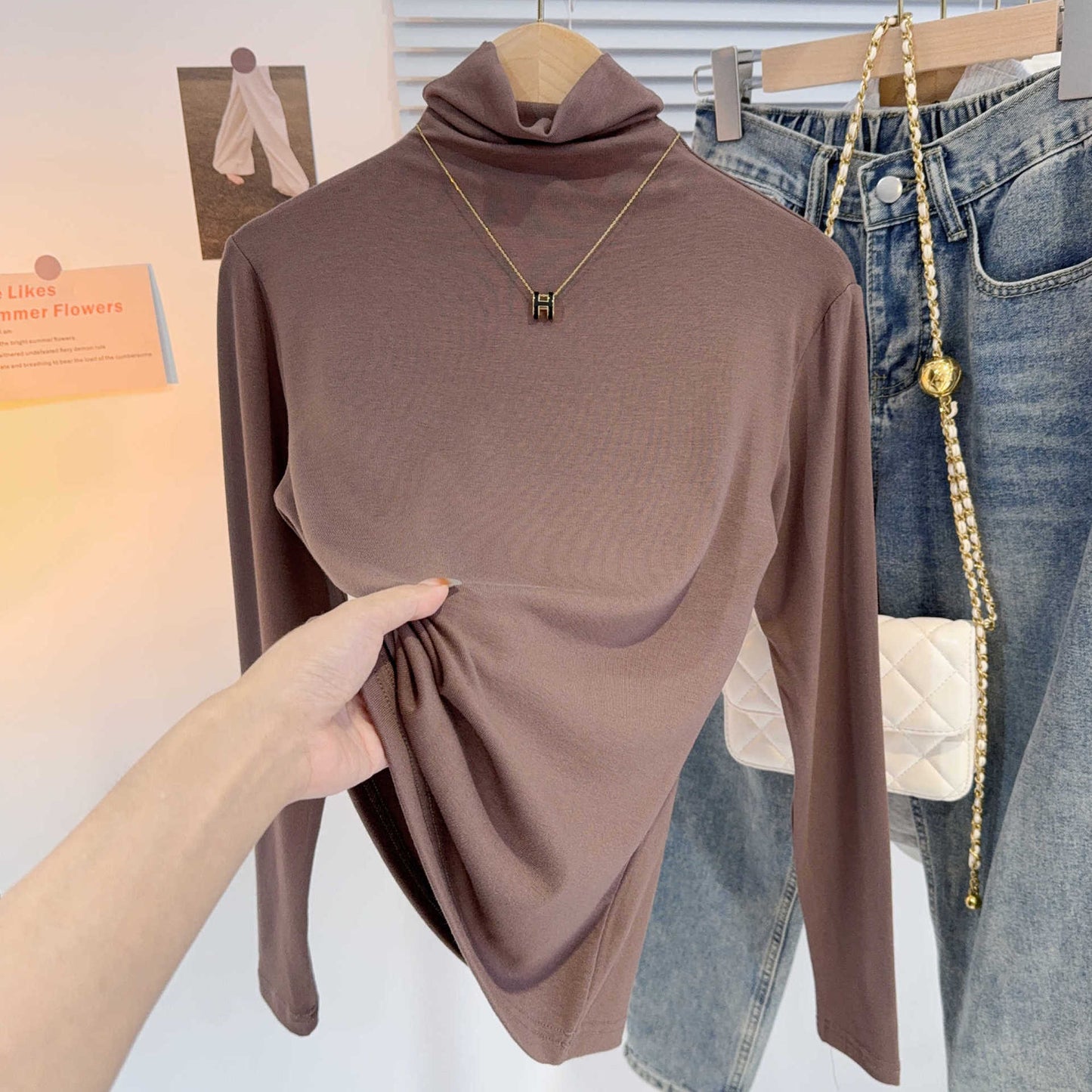 Threaded turtleneck base shirt women's 2025 new autumn and winter inner stacked collar long-sleeved T-shirt foreign style black versatile top