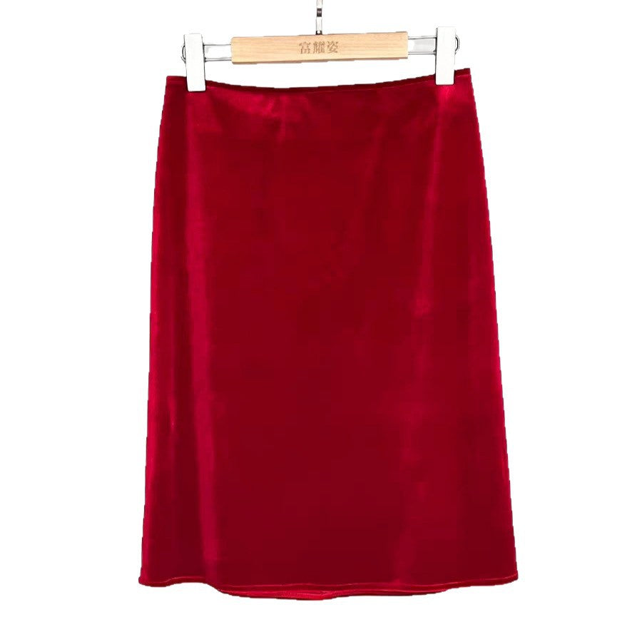 Red velvet skirt high waist A-word short skirt medium and long skirt 25 Winter, new New Year's red solid color commuting elastic waist
