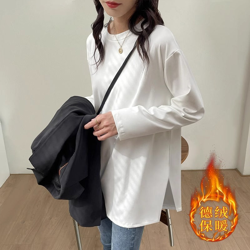 Split-ended white bottomed shirt for women's autumn and winter with fleece and thickened medium and long loose butt-covering German fleece long-sleeved T-shirt