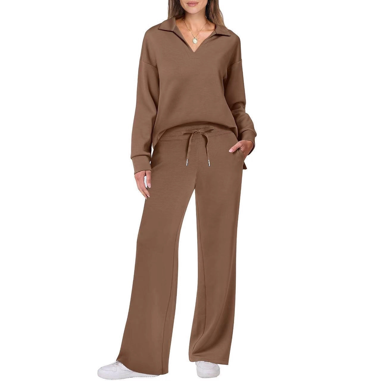 2025 autumn and winter Amazon, cross-border European and American new women's long-sleeved V-neck two-piece set drawstring solid color casual set