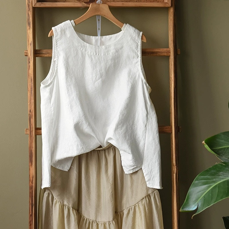 Summer 2024 New Literary Loose Solid Color Crew Neck Sleeveless Vest Women's Top #3702