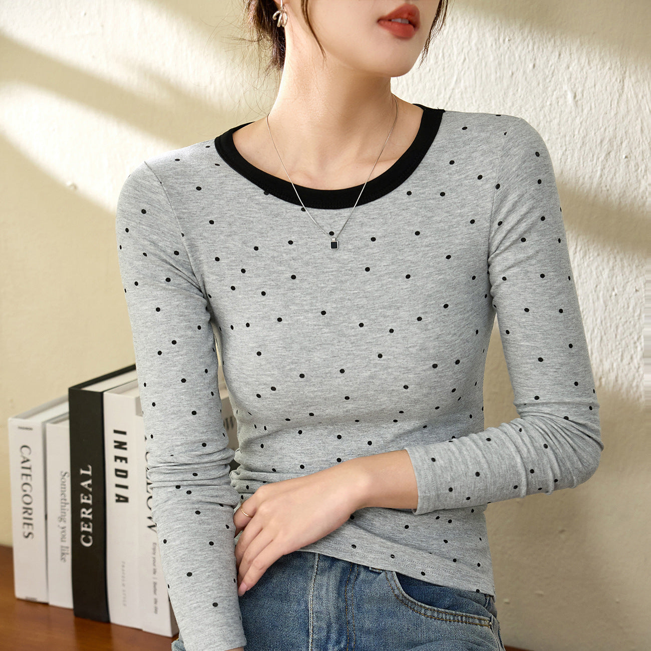 #Quality to do high-quality #age-reducing playful polka dot T-shirt women's long-sleeved 2026 autumn clothing new contrasting color slim-fitting bottoming shirt
