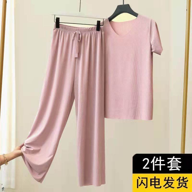 Amazon spring and summer two-piece suit can be worn outside V-neck short-sleeved T-shirt thin solid color loungewear loose wide-leg pants