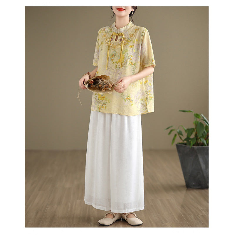 Real shot 2024 summer new national style literary and retro stand-up collar buckle tea clothes shirt top women