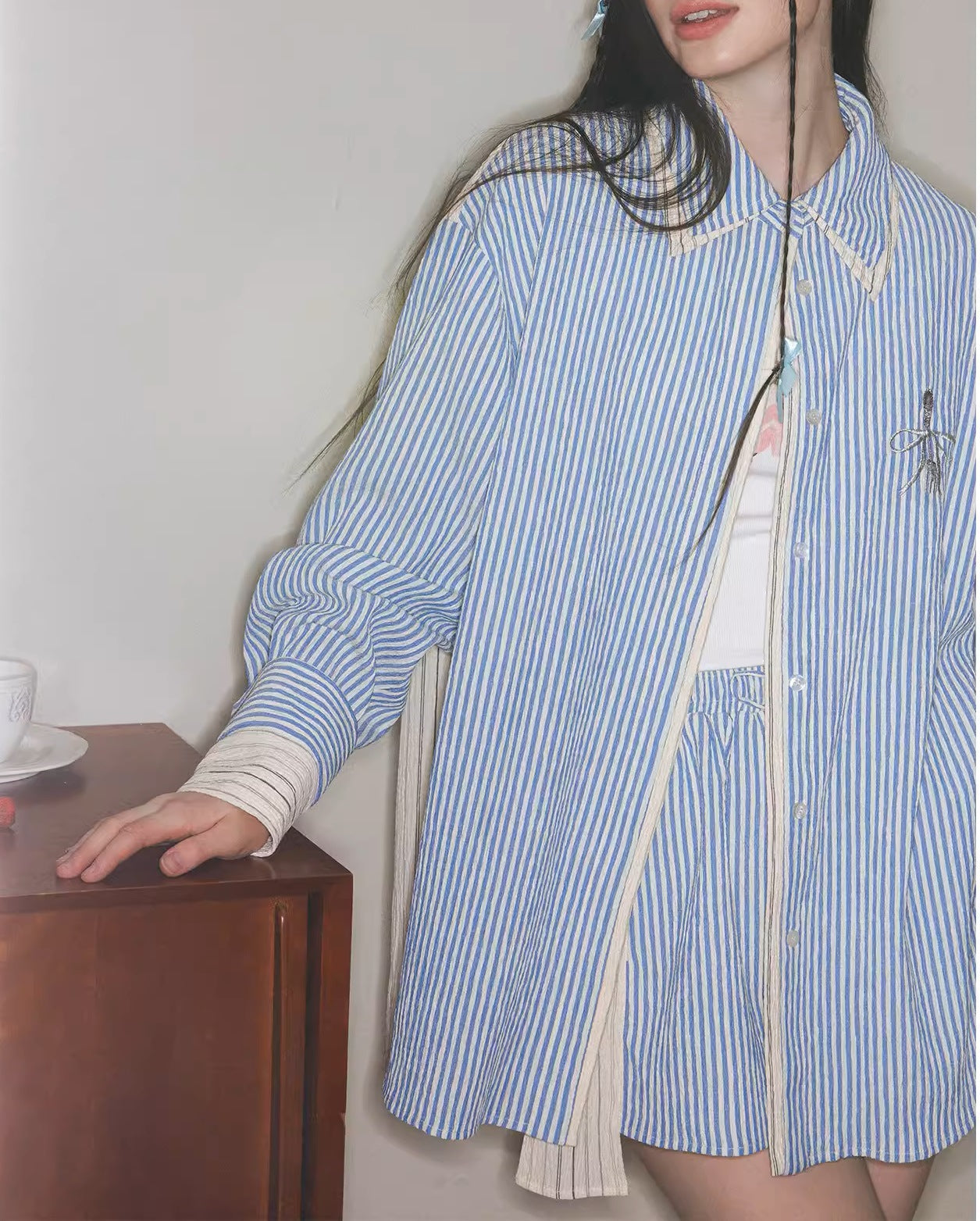 [Bruce Blues] Yu Shuxin's same American retro striped shirt casual loose shorts set