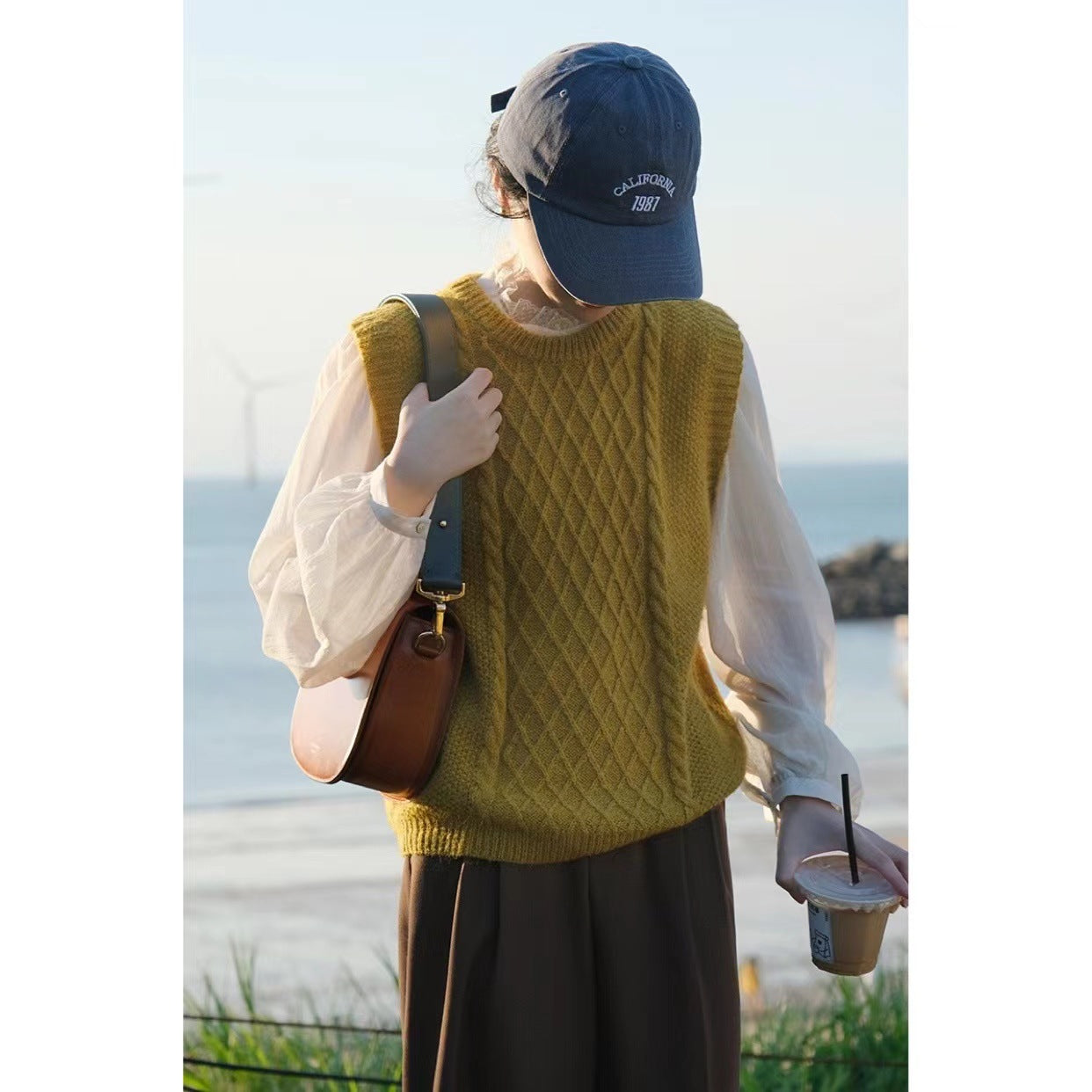 Ramesse | Autumn Wheat, Rhombus Twist Vintage Knitted Vest, Crew Neck Sweater Vest, Yellow/Apricot