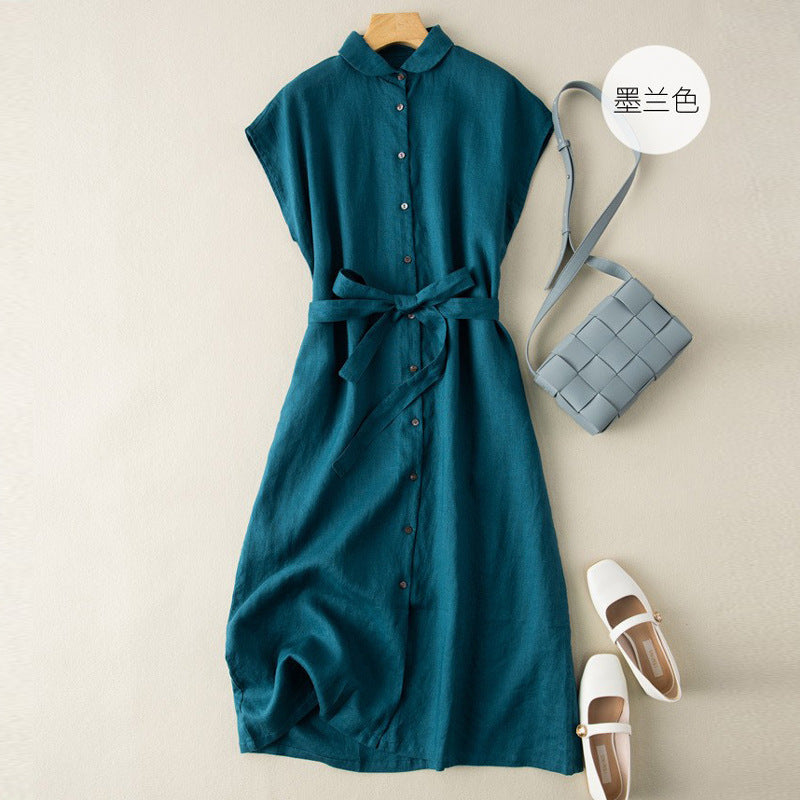 2024 summer new literary loose solid color cotton and linen lapel sleeveless dress women's waist medium and long #6276