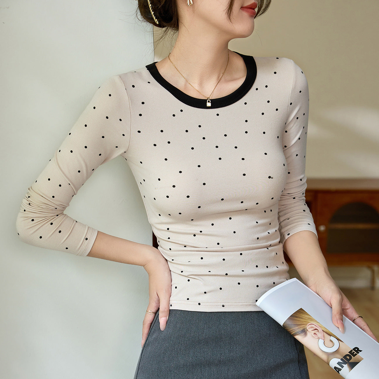 #Quality to do high-quality #age-reducing playful polka dot T-shirt women's long-sleeved 2026 autumn clothing new contrasting color slim-fitting bottoming shirt