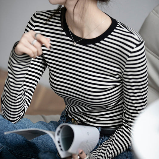 高品纯棉条纹撞色圆领修身打底衫女2026秋季新款长袖百搭内搭T恤