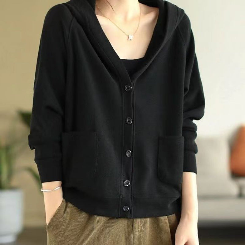 2025 autumn new simple commuter solid color long-sleeved top hooded jacket women