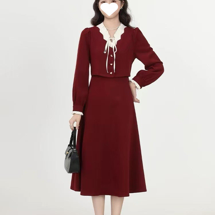 Autumn and winter new Christmas New Year's Eve New Year's robe slightly fat temperament thin fake two French red dresses