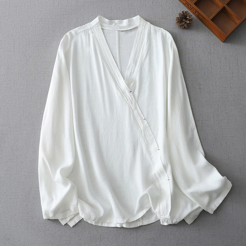 2025 retro cotton and linen Chinese style women's Zen tea clothes Buddhist diagonal top large size Buddhist suit yoga shirt women