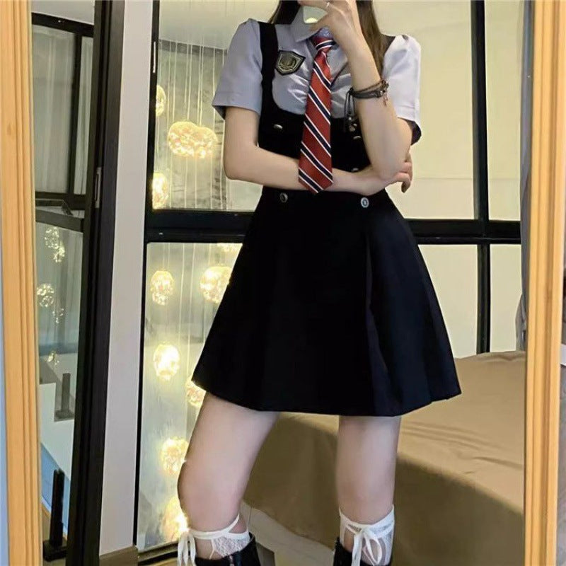 Large size fat mm fake two-piece dress for women's summer new academic style short sleeves, waist and thin temperament a-word skirt