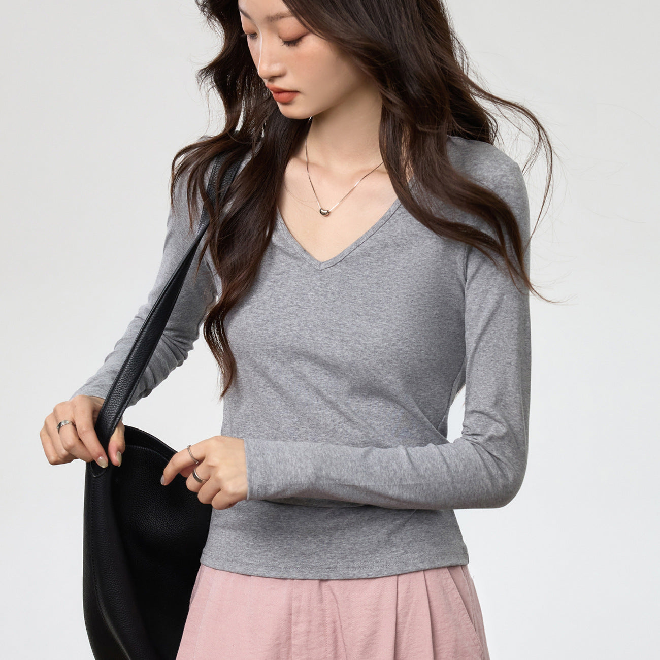 40 combed pure cotton, soft waxy and skin-friendly, round neck solid color simple slim and thin long-sleeved T-shirt women's bottoming shirt top