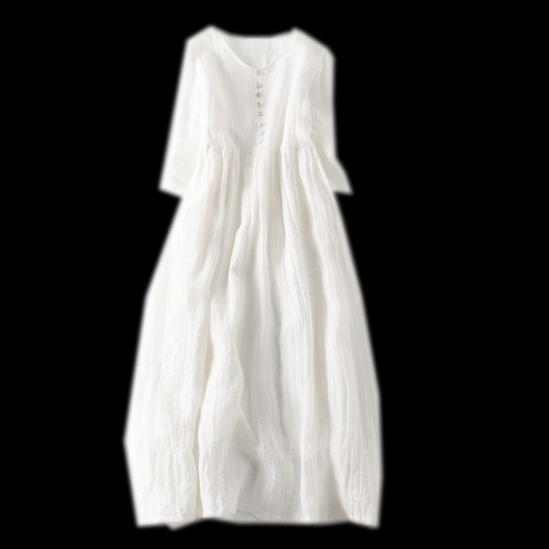 Real shot 2024 summer new literary loose splicing solid color cotton and linen round neck five-quarter sleeve dress women's medium and long