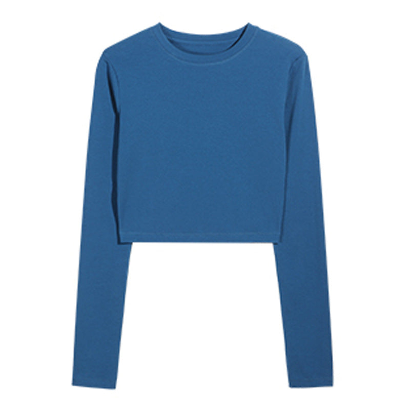 Selection of pure cotton high-waisted short T-shirt for women's 2026 autumn clothes, new inner with off-the-button long-sleeved top, slim-fitting bottoming shirt