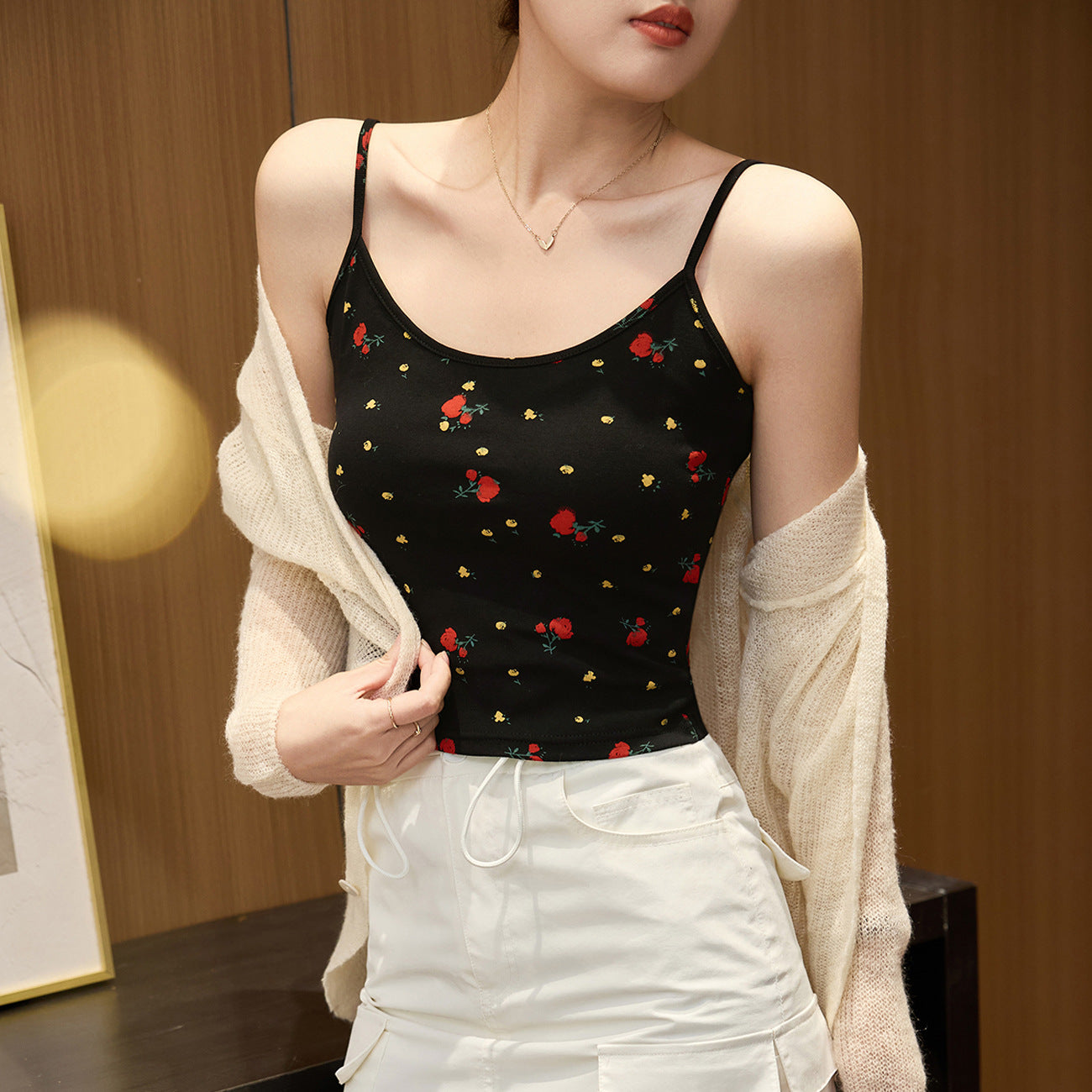 #260G combed pure cotton #printed suspender vest for women's summer wear, sexy Spice Girl short with sleeveless top inside