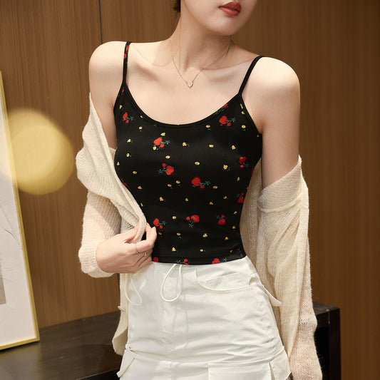 #260G combed pure cotton #printed suspender vest for women's summer wear, sexy Spice Girl short with sleeveless top inside