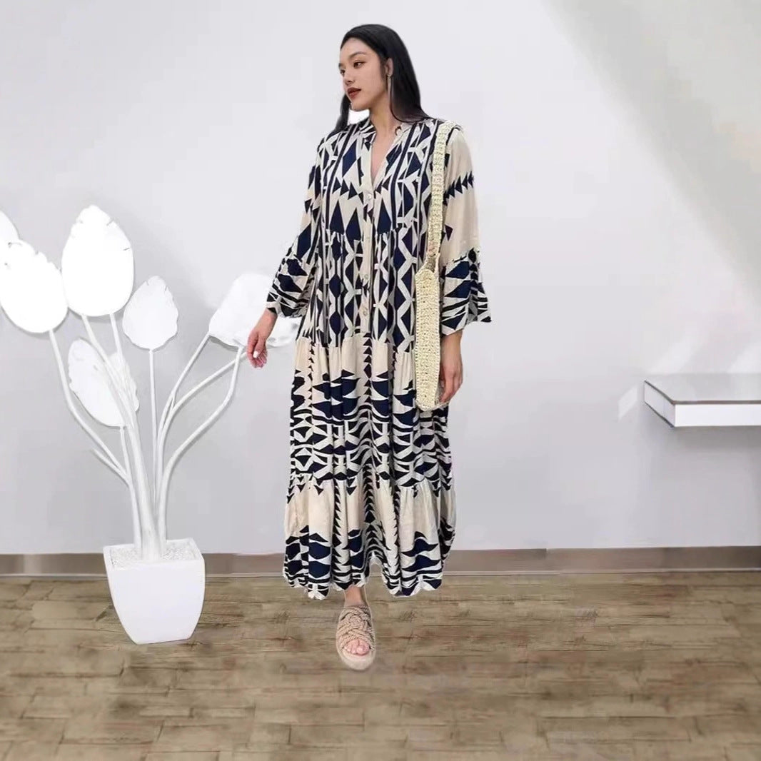 2025 Cross-border Europe, America, Amazon, large size women's shirt collar elegant loose shirt bohemian dress