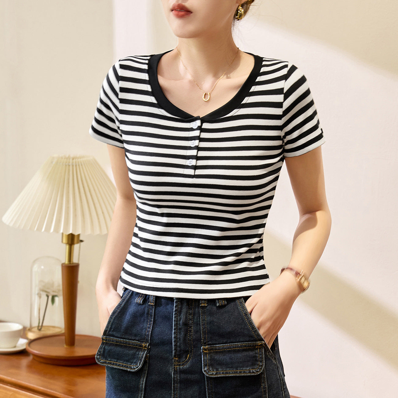 #Double button collar 260g striped #cotton T-shirt women's short-sleeved 2026 summer new front shoulder top bottoming shirt
