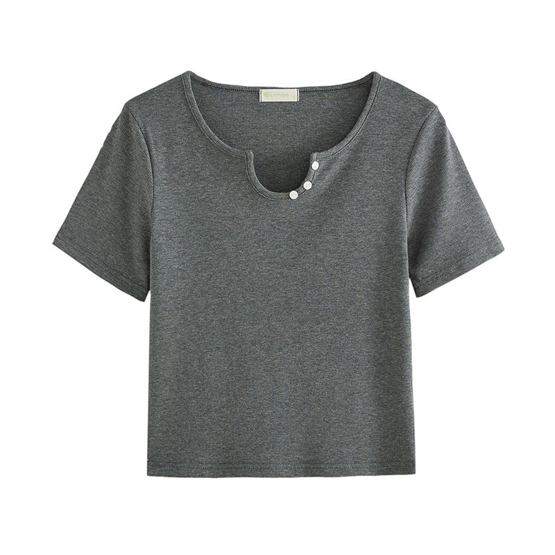 #Selection of pure cotton #High-waisted U-neck shell buckle T-shirt women's short-sleeved 2026 summer new slim-fitting and thin shoulder top