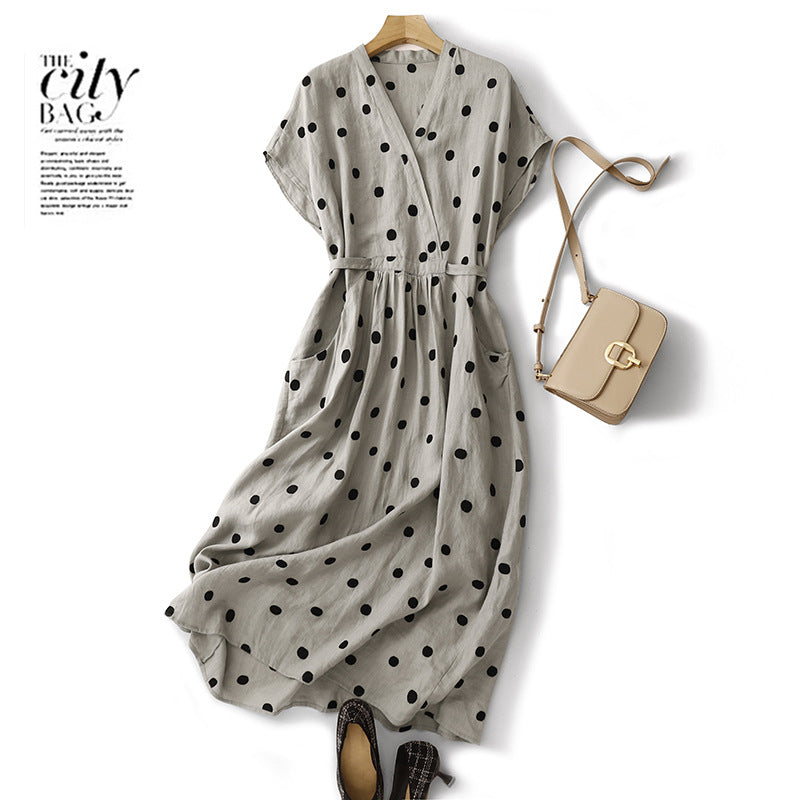 Real shot 2025 summer new cotton and linen literary and retro loose V-neck short-sleeved dress women's medium and long #9552