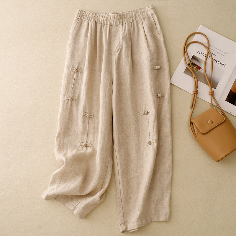 Real shot 2025 summer new literary loose solid color cotton and linen elastic waist buckle Harlan pants nine-point pants women 9031