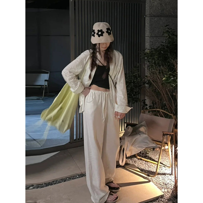 Washed ramie pants 2025 summer elastic waist drawstring casual cotton and linen wide-leg pants women's old money wind thin linen pants