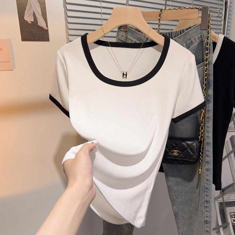 Gray low-neck slim short-sleeved T-shirt women's summer 2025 new bottoming shirt u-neck contrasting color fashion top