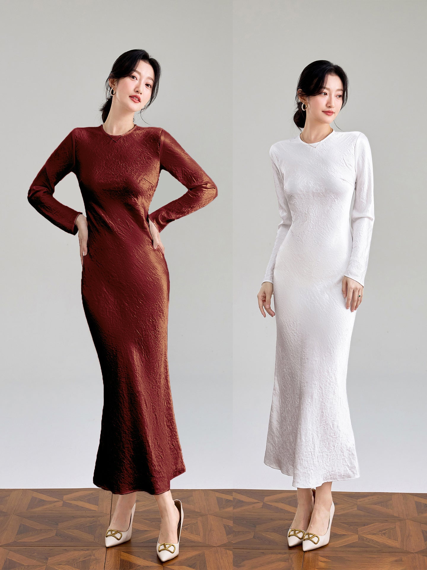 Haute couture 100% acetic acid, spring and autumn French elegance temperament fashionable pole extreme sense satin pleated long-sleeved dress women