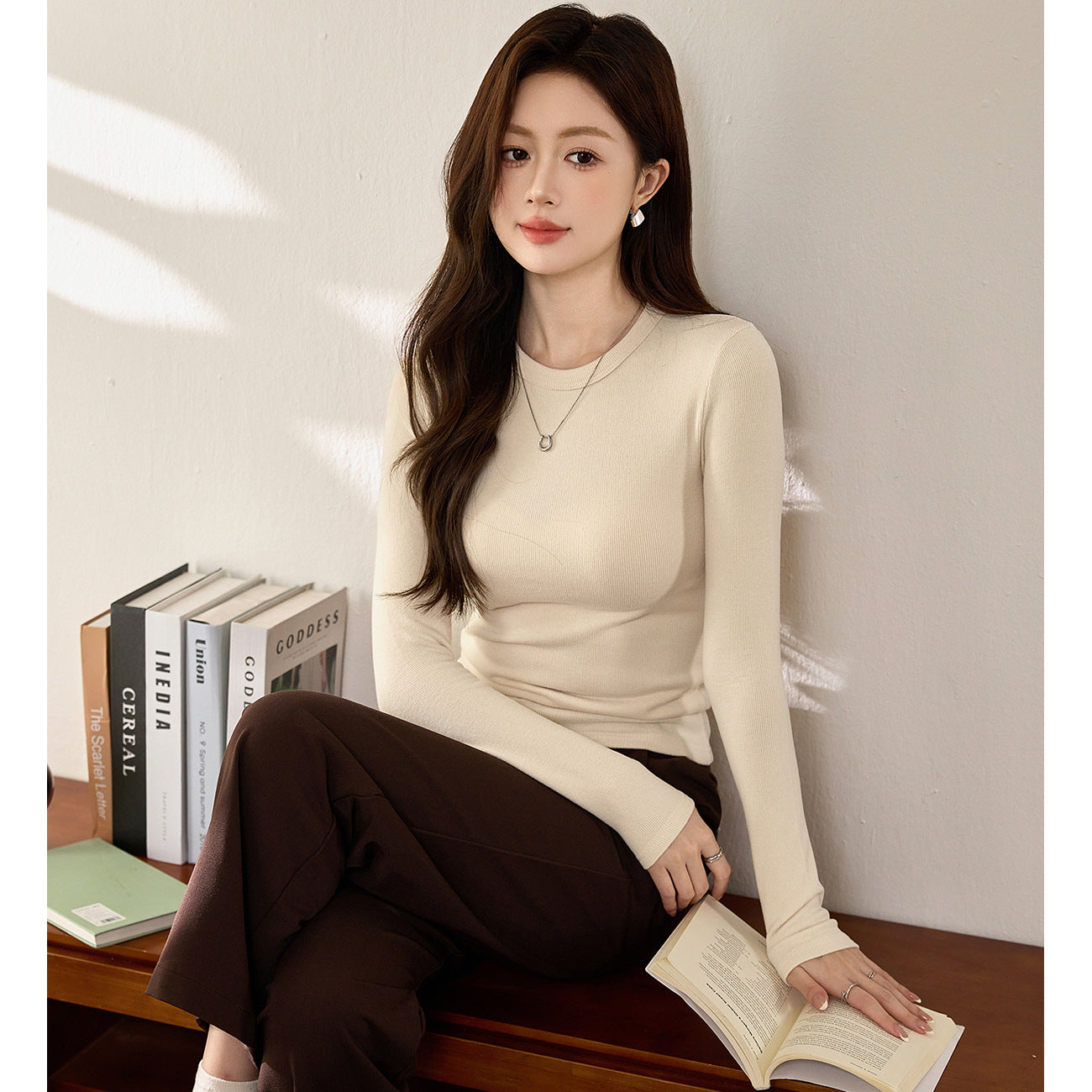 #Double-sided grinding #Boutique mousse cashmere soft waxy T-shirt women's long-sleeved 2026 autumn and winter new inner bottoming shirt
