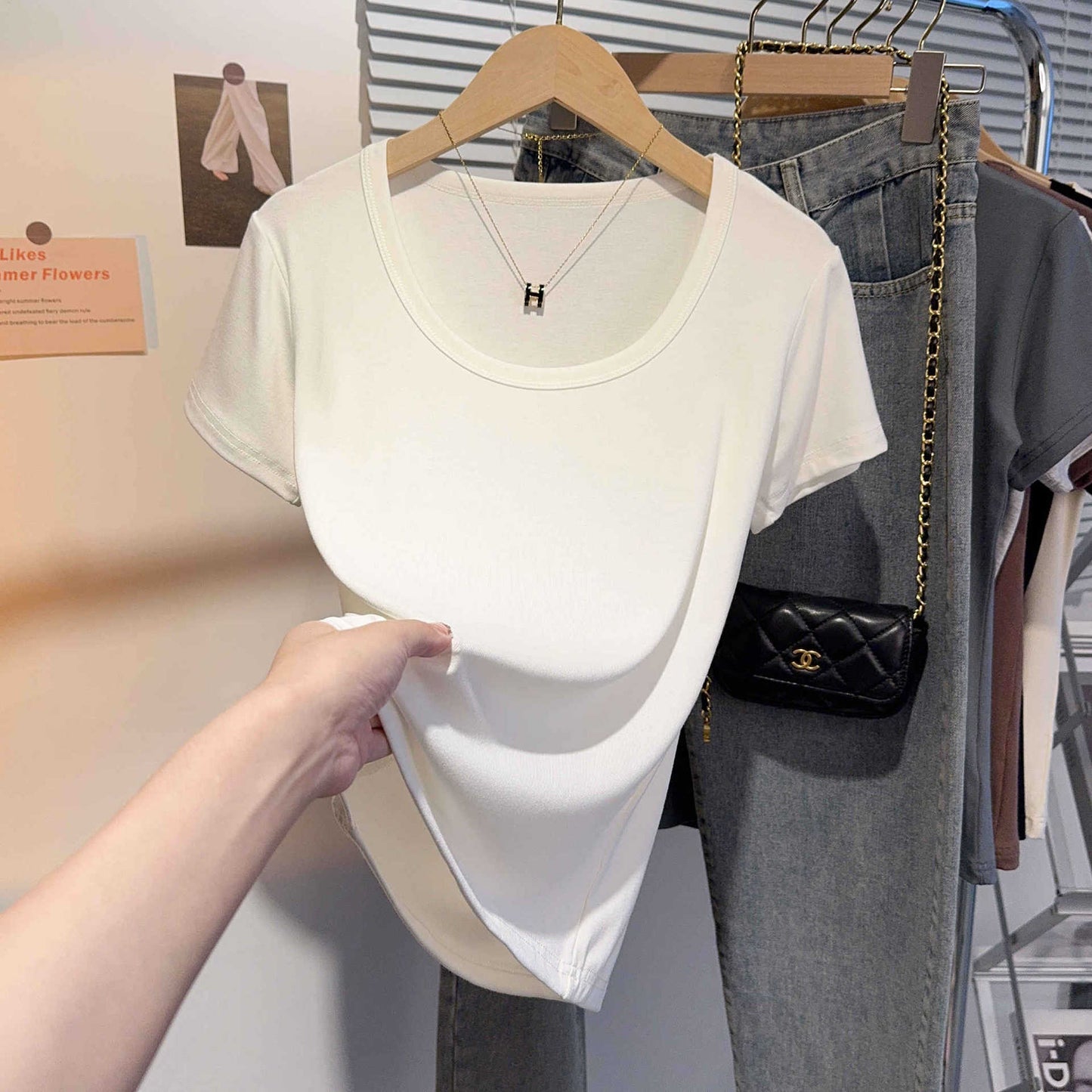 Gray blue u-neck short-sleeved t-shirt women's summer front shoulder Korean versatile tight round neck fashion bottoming shirt slim top