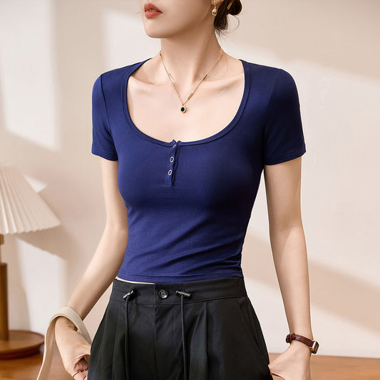 #Modal cotton #short pure desire Spice Girl tight bottoming shirt women's summer new short-sleeved T-shirt front shoulder thin top