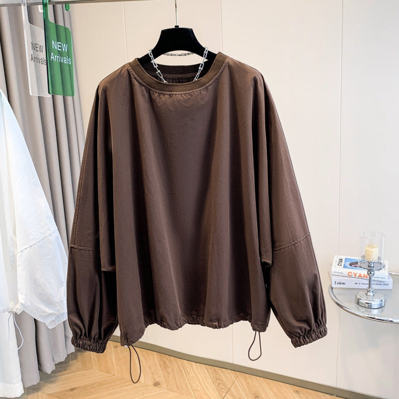 Real shot 2025 autumn new solid color loose casual bat sleeve round neck long sleeve T-shirt women's top