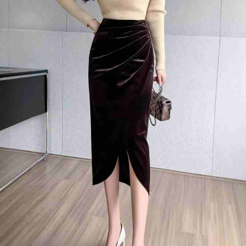 Golden velvet skirt women's 2024 autumn new high waist split one-step hip skirt medium and long autumn skirt